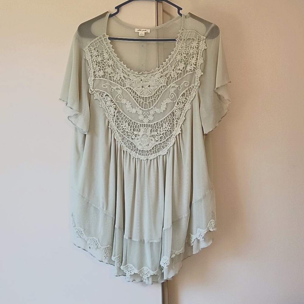 Ultra Pink Lace & Sheer Sage Green Top
